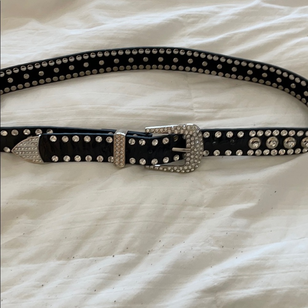 Black Leather Silver Rhinestone Belt Silver Buckle